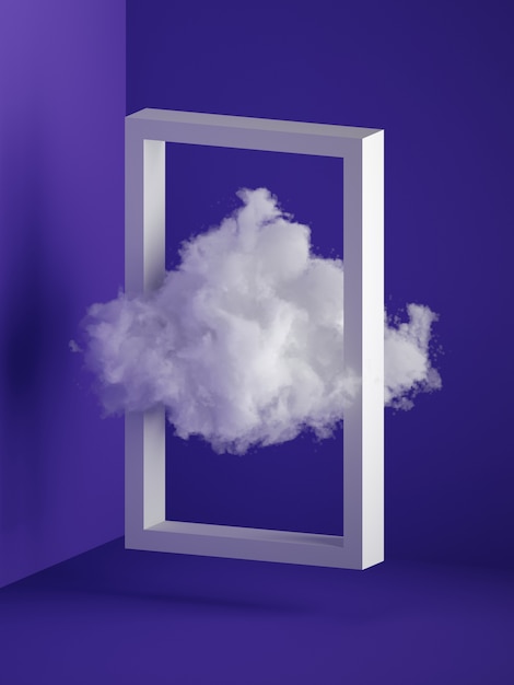 3d render of white fluffy cloud flying through the rectangular frame