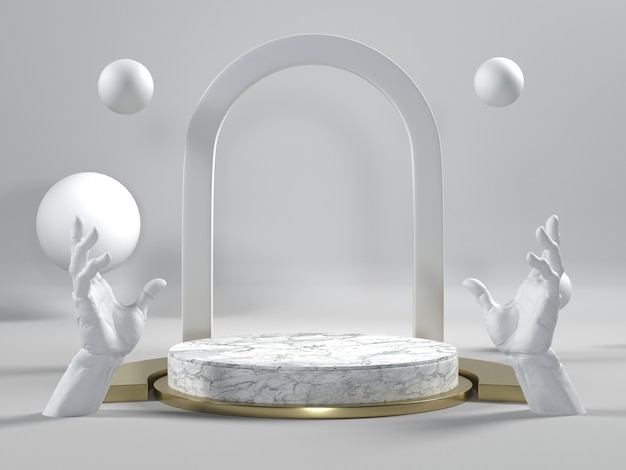 3d render of white marble podium with hands