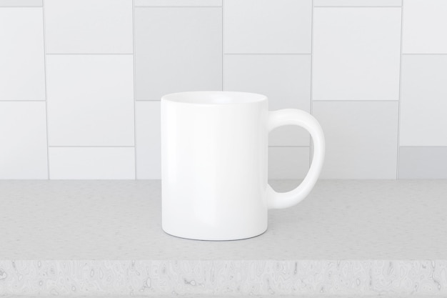 Photo 3d render white mug on a kitchen table mockup tiles on a wall and white clean table background