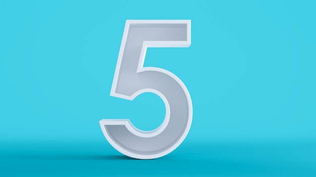 3D render of white number five isolated on a colorful blue background number 5