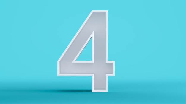 3D render of white number four isolated on a colorful blue background number 4