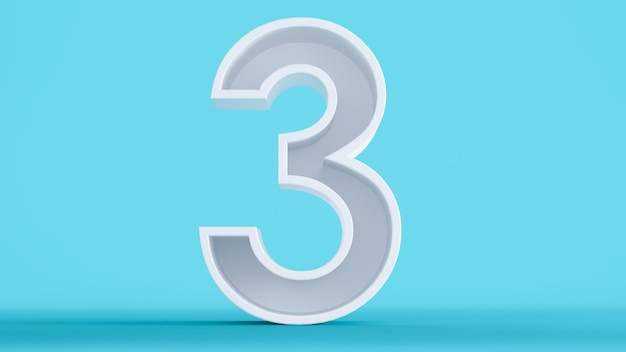 3D render of white number three isolated on a colorful blue background number 3