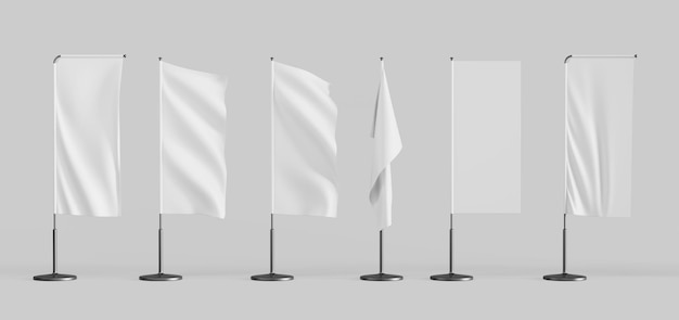 Photo 3d render white pennant blank wave flag mockup realistic set of fabric rectangular festival event banners on pole isolated empty label for branding on chrome pillar flying in wind 3d illustration