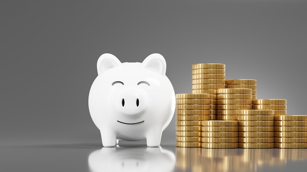 3d render of white piggy bank and gold coin