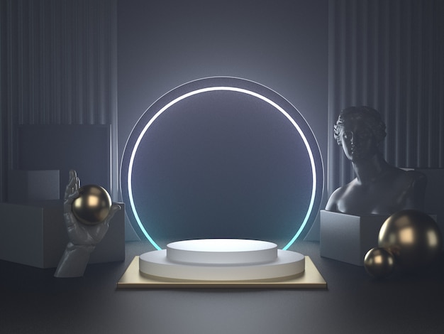 3d render of white podium on futuristic lights nd classic sculpture