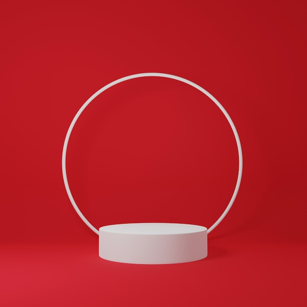 3d render white podium and white ring over it isolated in red background