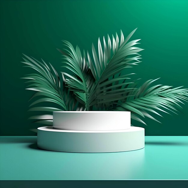 3d render of white podium with palm leaves on green background