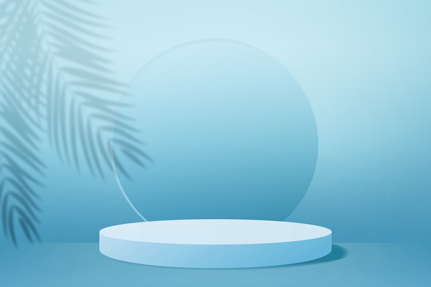 3d render white podium with palm tree leaf shadow on light blue background