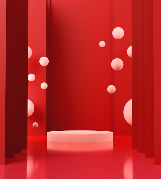 3D render white podium with red background, Abstract background, pedestal for show brand products.