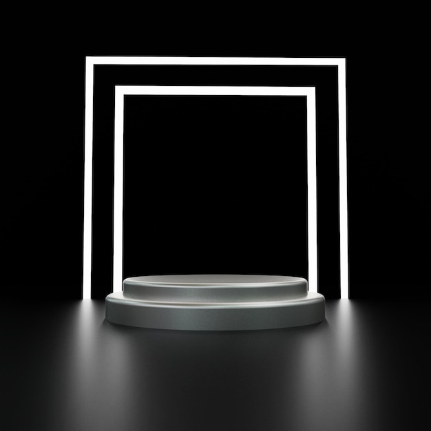 Photo 3d render white rectangle with silver pedestal on black background premium photo