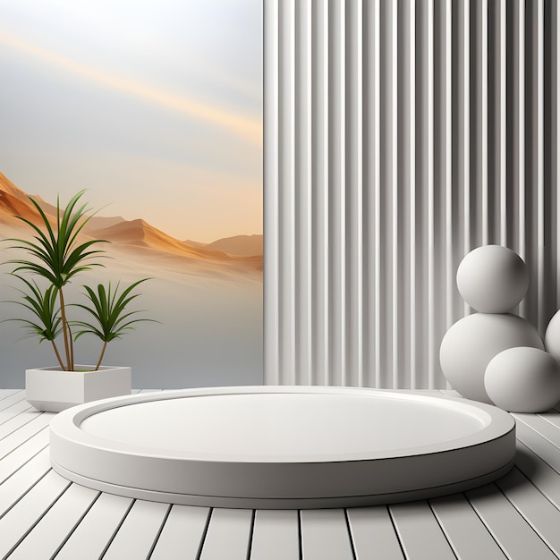 3d render of white round podium or pedestal on the wooden floor with geometric background AI Genera