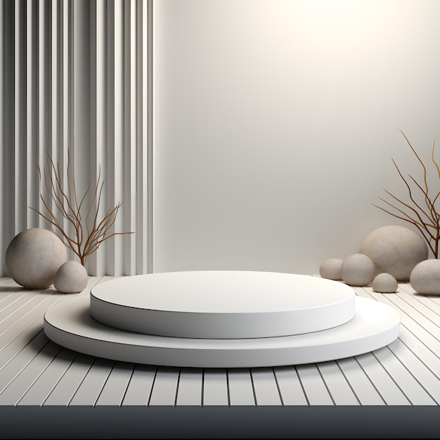 3d render of white round podium or pedestal on the wooden floor with geometric background AI Genera