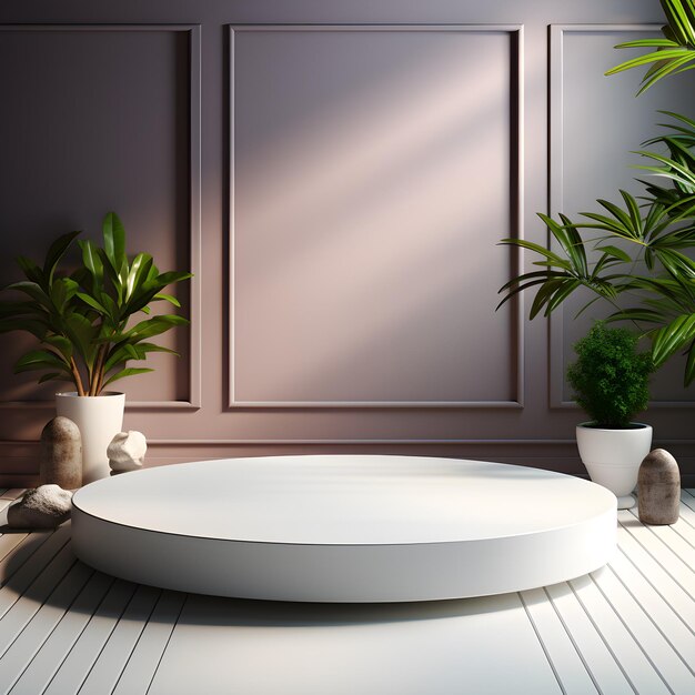 3d render of white round podium in room with green plants AI Generative Illustration Podium