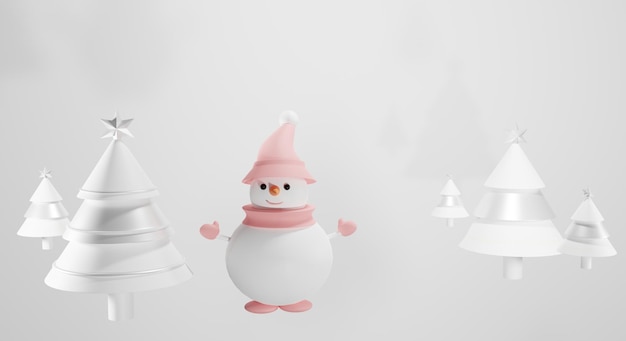 3d render Winter composition Snowman and Christmas trees on a white xmas background 3d illustration