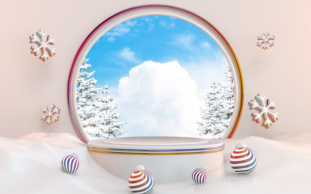 3d render winter podium stage and Christmas background and blue sky abstract look luxury wallpaper