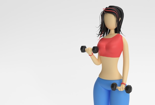 3D Render Woman Cartoon Characters Doing Exercise with Dumbbells Sport, 