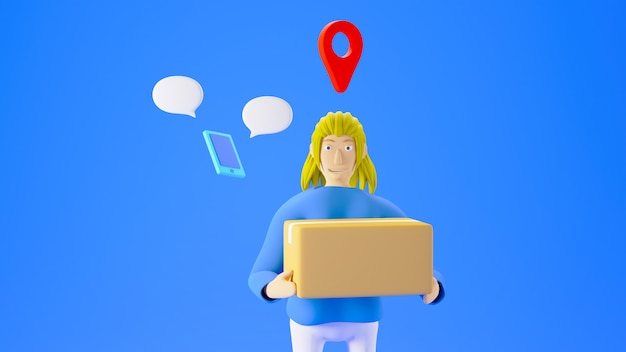 3D render woman holding a box with location icon and a small smartphone isolated on blue background