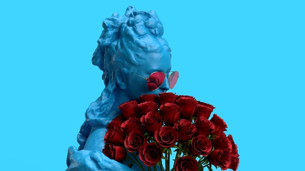 3d render woman sniffs a bouquet of roses bust of a woman monument with a red bouquet on a blue background