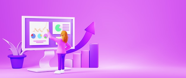 3d render woman using screen with graphs and purple plant isolated on purple background banner