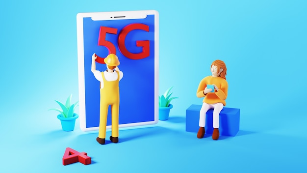 3D render woman with her smartphone and a worker putting 5g sign on an smartphone on blue background