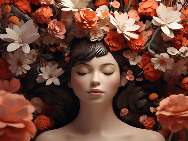 3D render of a womans head surrounded by flowers