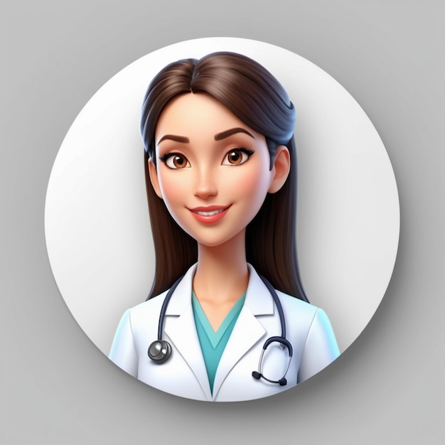 3d render women doctor avatar round sticker with cartoon character face user id thumbnail modern