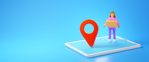 3D render of a women holding a box staning over a smartphone with a location icon on blue background