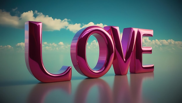 Photo 3d render of the word love on a pink background with sky