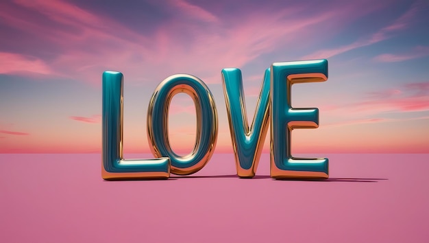 3D render of the word love on a pink background with sky