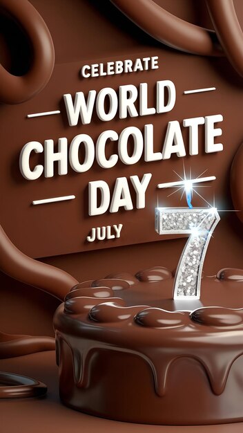 Photo 3d render world chocolate day greeting card with cake heart and ice cream 7th july