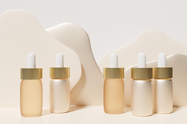 3d render of yellow and beige face serum pipette bottles on a metallic beige and ivory wavy shapes background