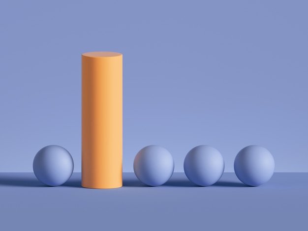 3d render of yellow cylinder placed inside row of violet balls 