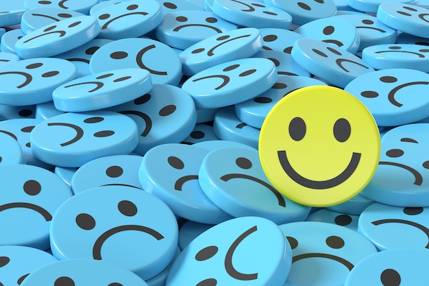 3D render yellow smiley face among blue sad faces background