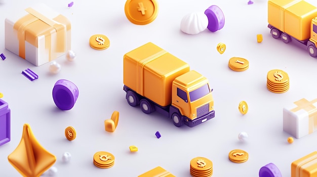 3D Render of a Yellow Truck Coins and Gifts on a White Background