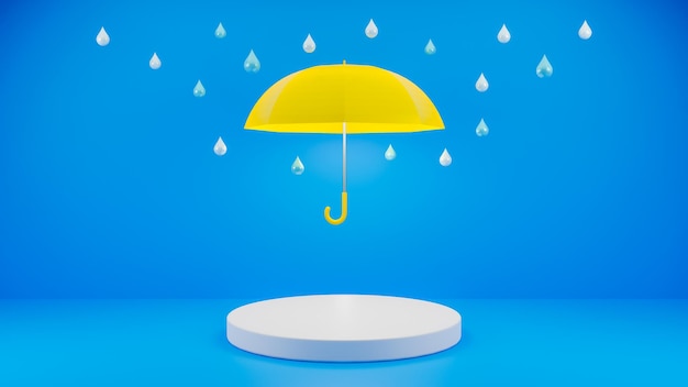 3D render Yellow Umbrella with raindrops product display stage for presentation