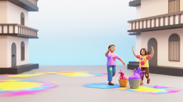 3D Render Of Young Boy And Girl Playing Holi With Paint Buckets Against Building Background