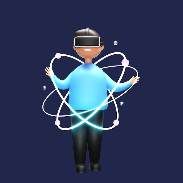 3D Render Of Young Man Wearing VR Box And Atoms Illustration On Blue Background