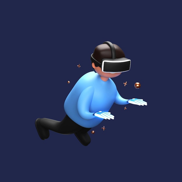 3D Render Of Young Man Wearing VR Box With Golden Balls On Blue Background