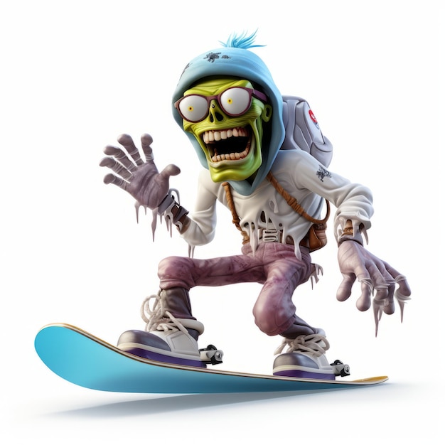 3d Render Zombie Cartoon Skiing Snowboarding Full Body Plastic Model