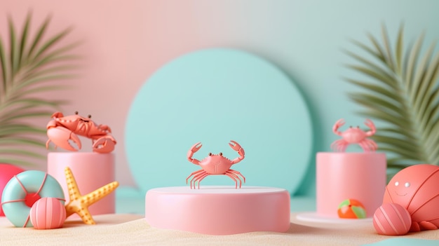 3D render3D render serene beach with podiums for product showcase embellished with cute crabs