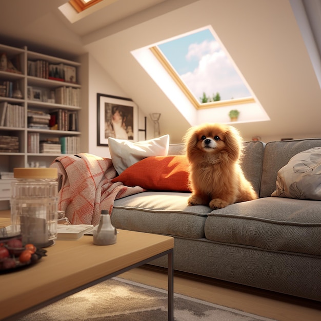 3d renderd photo of dog Cozy and lively home interior design