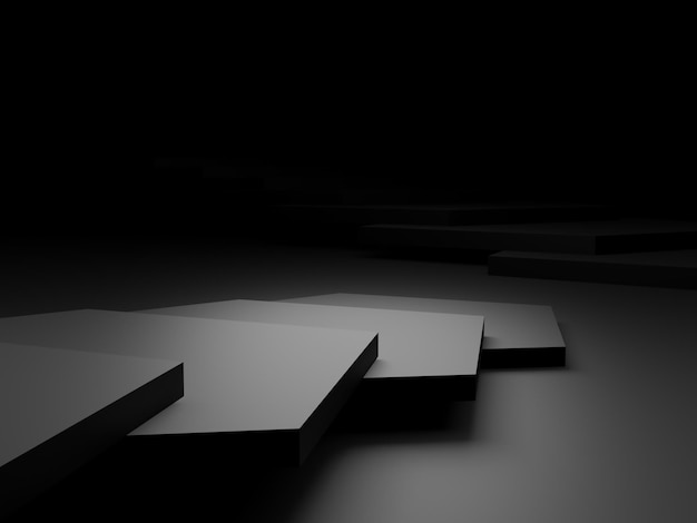 3D rendered abstract black geometric background. Dark room stand.