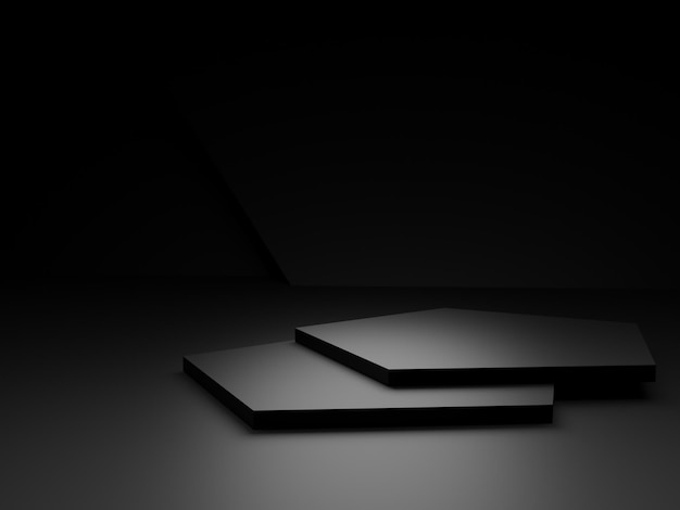 3D rendered abstract black geometric background. Dark room stand.