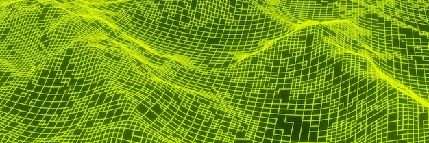 3D rendered abstract grid neon topography Green mesh terrain