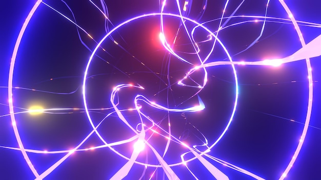 3d rendered abstract neon wavy lines and glowing circles