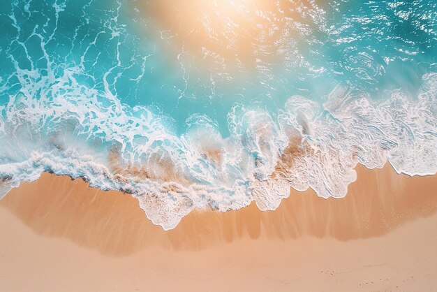 3D rendered abstract sandy beach from above with clear blue water waves and sun rays summer vacation background