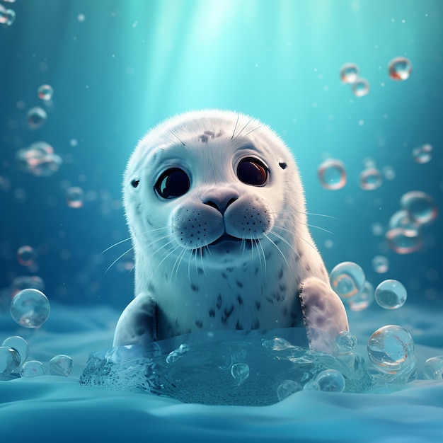 3d rendered adorable little pup seal in ice enjoying