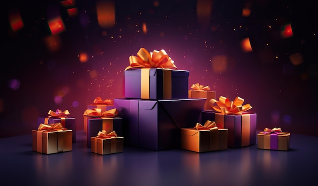 3d rendered background of gold purple and red gift boxes with silver ribbon on dark background