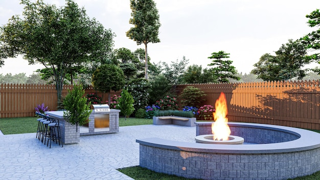 3D rendered a backyard with a gazebo under hot tub, a round-shaped fire pit, Deck, and a BBQ area