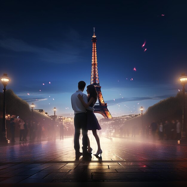 Photo 3d rendered beautiful couple dancing with eiffel tower in the background